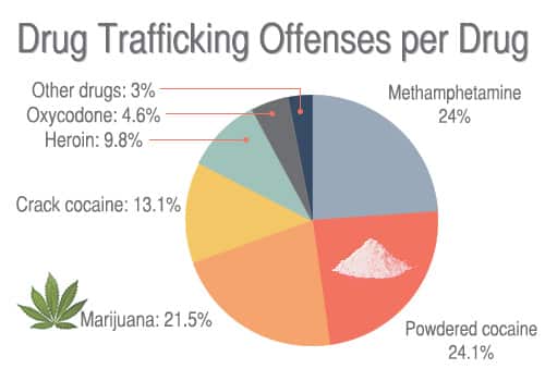 drug trafficking offenses per drug: methamphetamine and cocaine about 24% each, marijuana 22%, crack cocaine 13%, heroin 10%